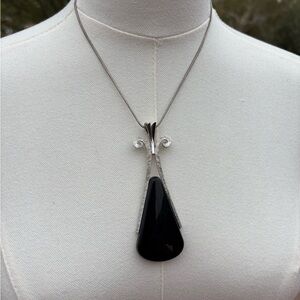 Vtg Retro Goth black teardrop pendant 925 sterling silver chain